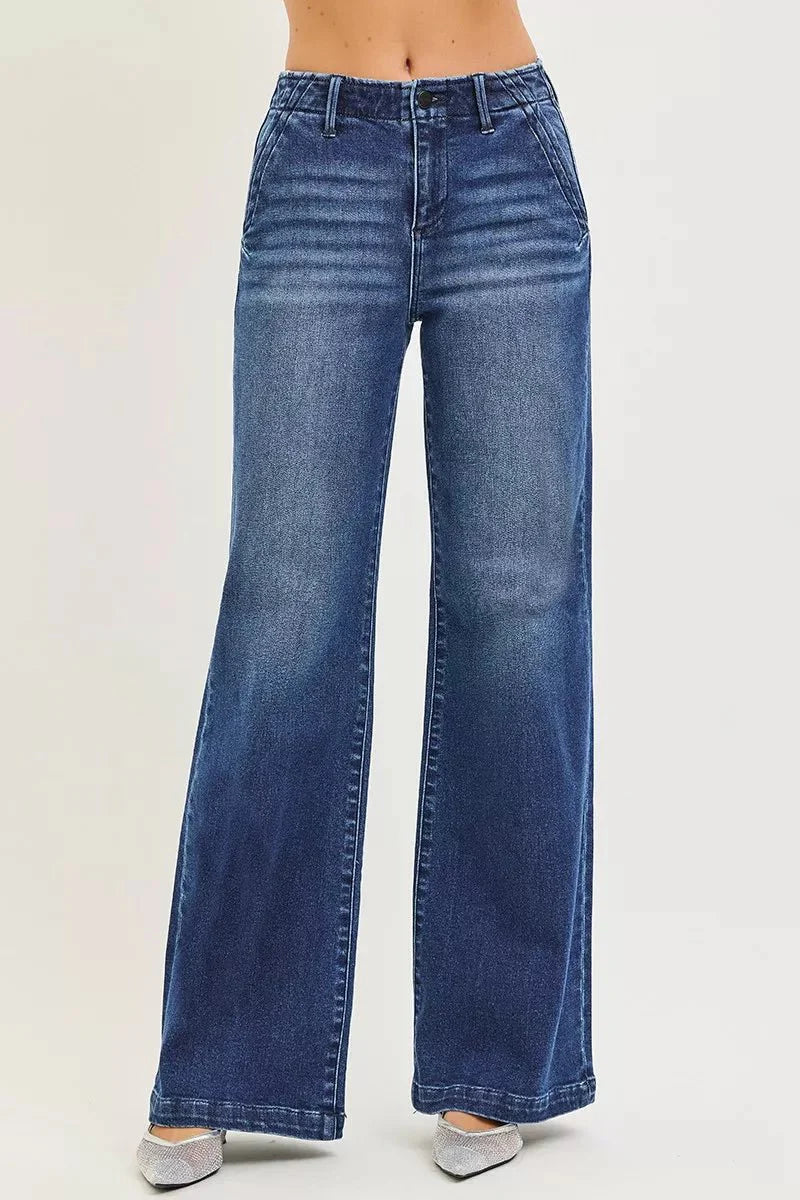 Risen High Rise Wide Leg Slanted Pocket Jeans