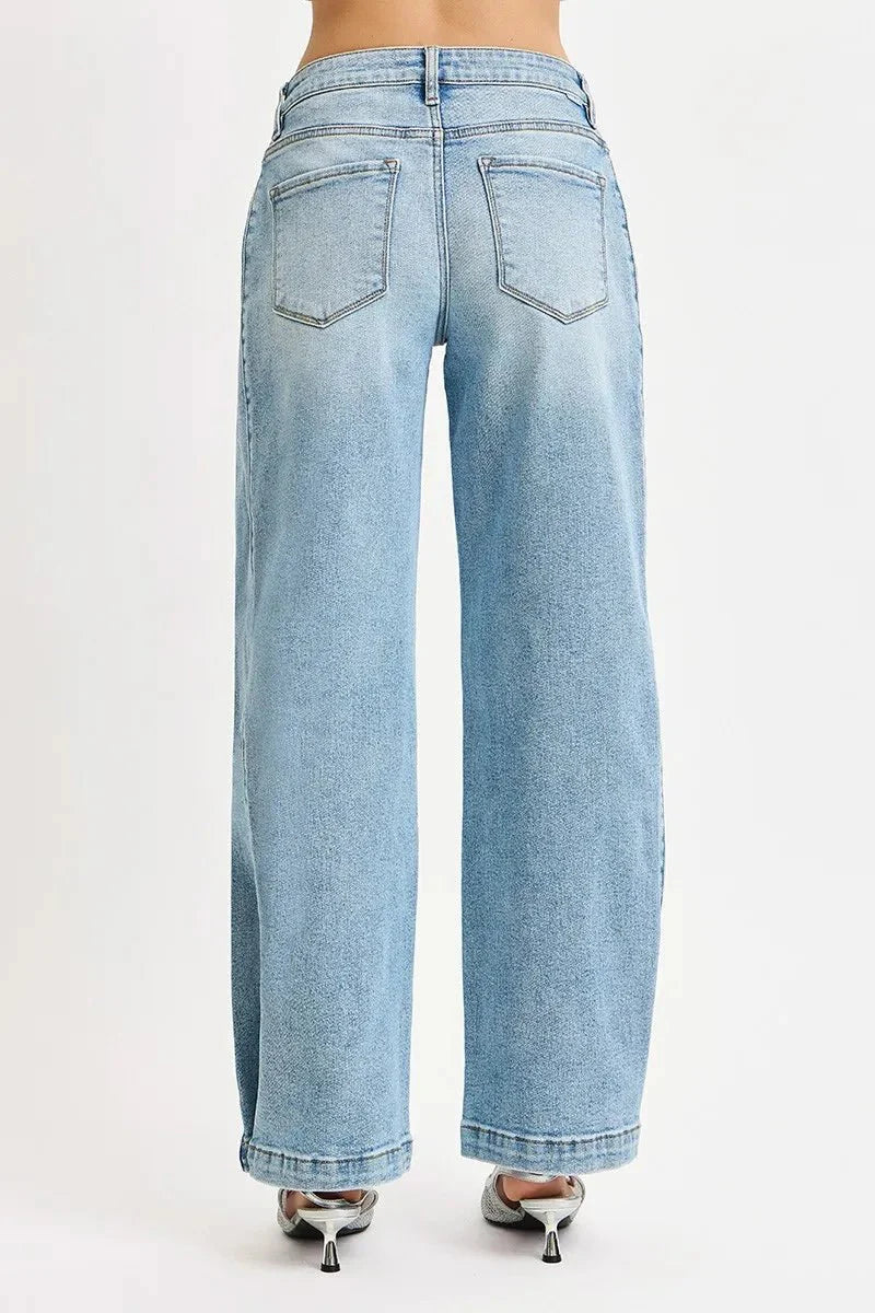 Risen Mid Rise Wide Barrel Transferable Leg Snap Jeans