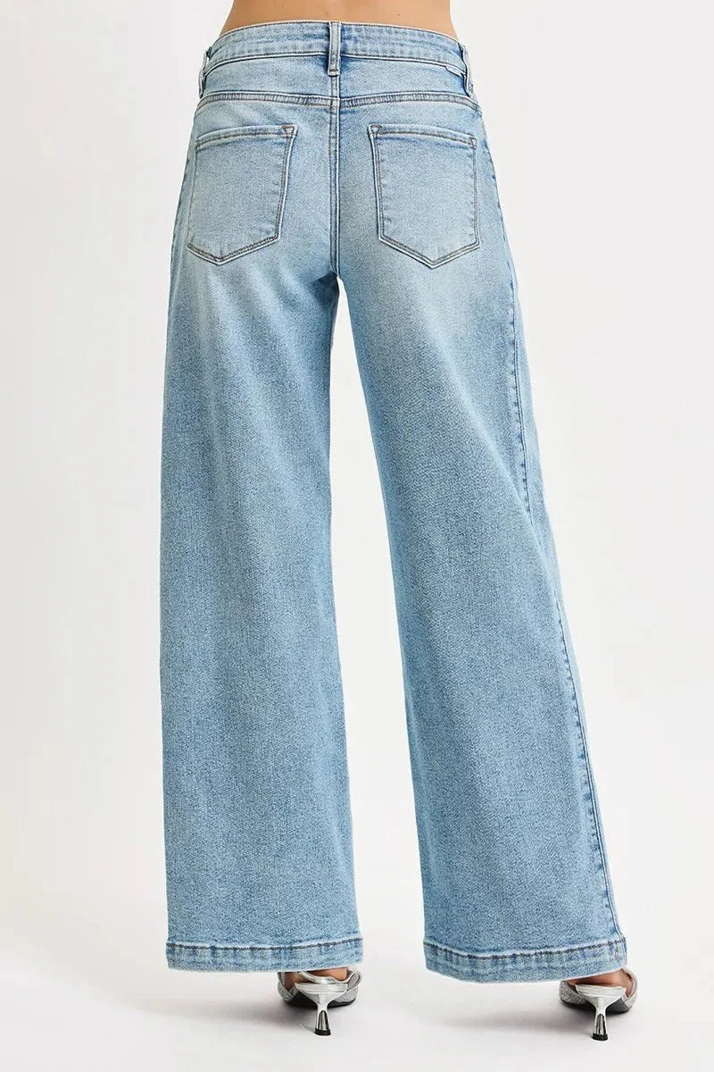 Risen Mid Rise Wide Barrel Transferable Leg Snap Jeans