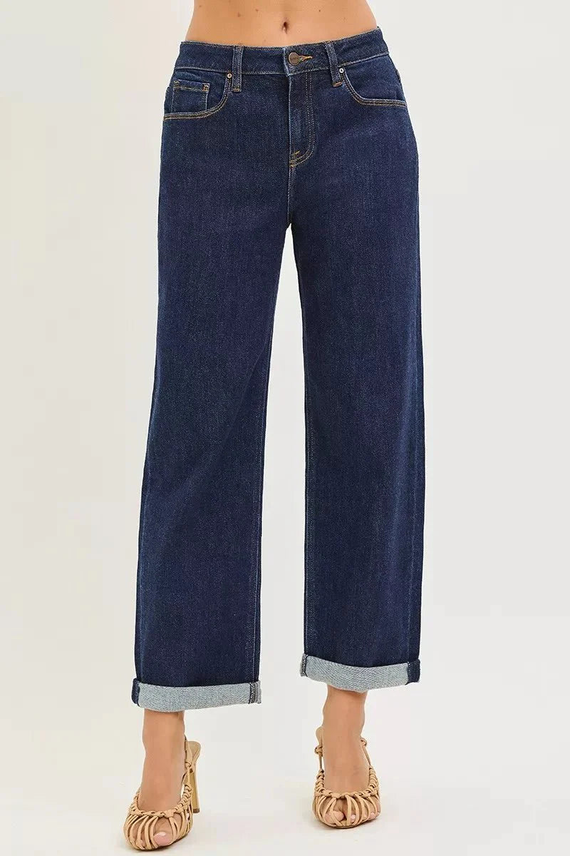 Risen Slouchy Cropped  Boyfriend Jeans With Cuffed Hem