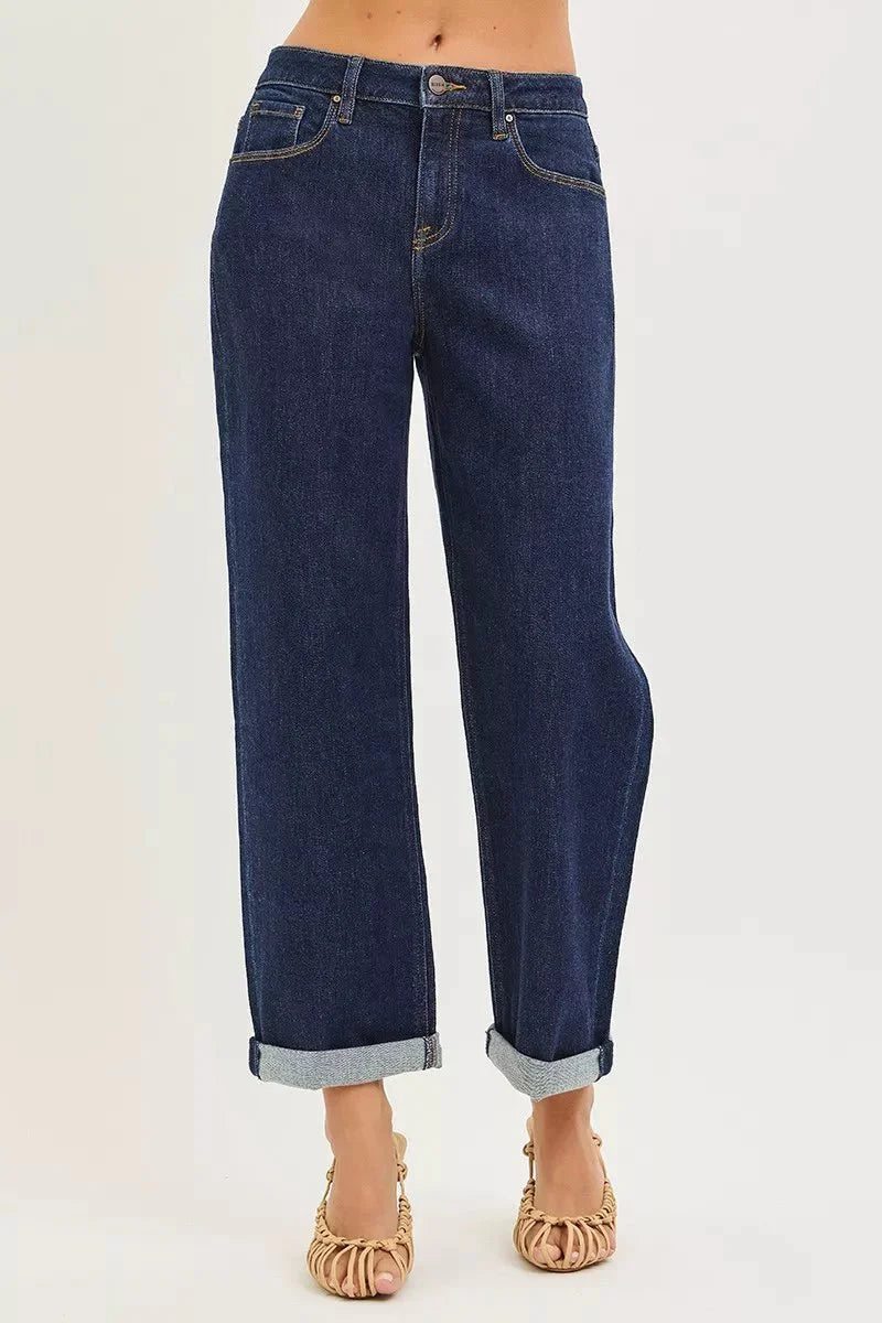 Risen Slouchy Cropped  Boyfriend Jeans With Cuffed Hem