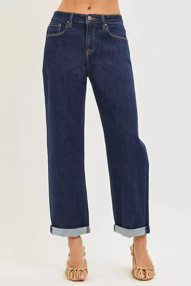 Risen Slouchy Cropped  Boyfriend Jeans With Cuffed Hem