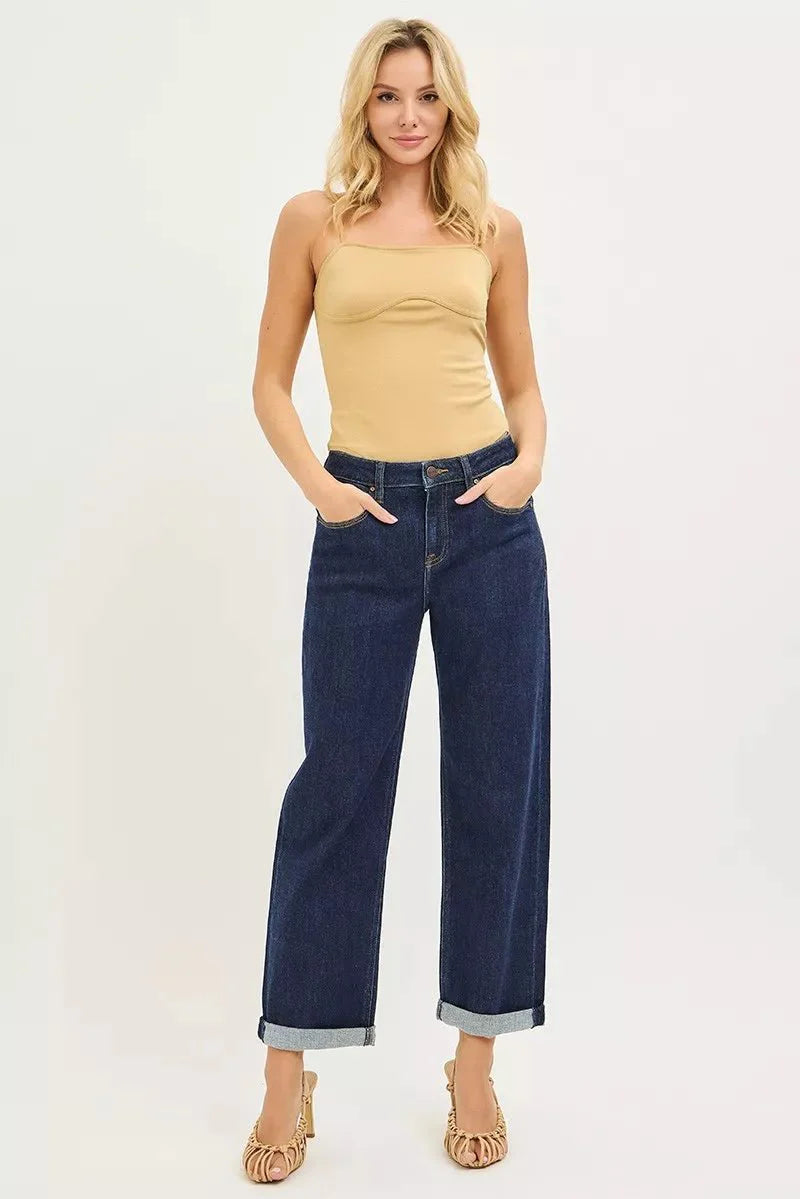 Risen Slouchy Cropped  Boyfriend Jeans With Cuffed Hem