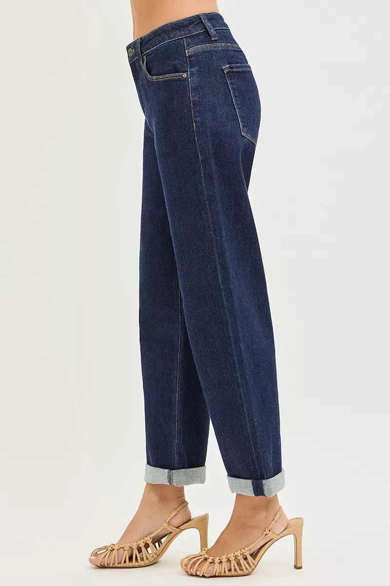 Risen Slouchy Cropped  Boyfriend Jeans With Cuffed Hem