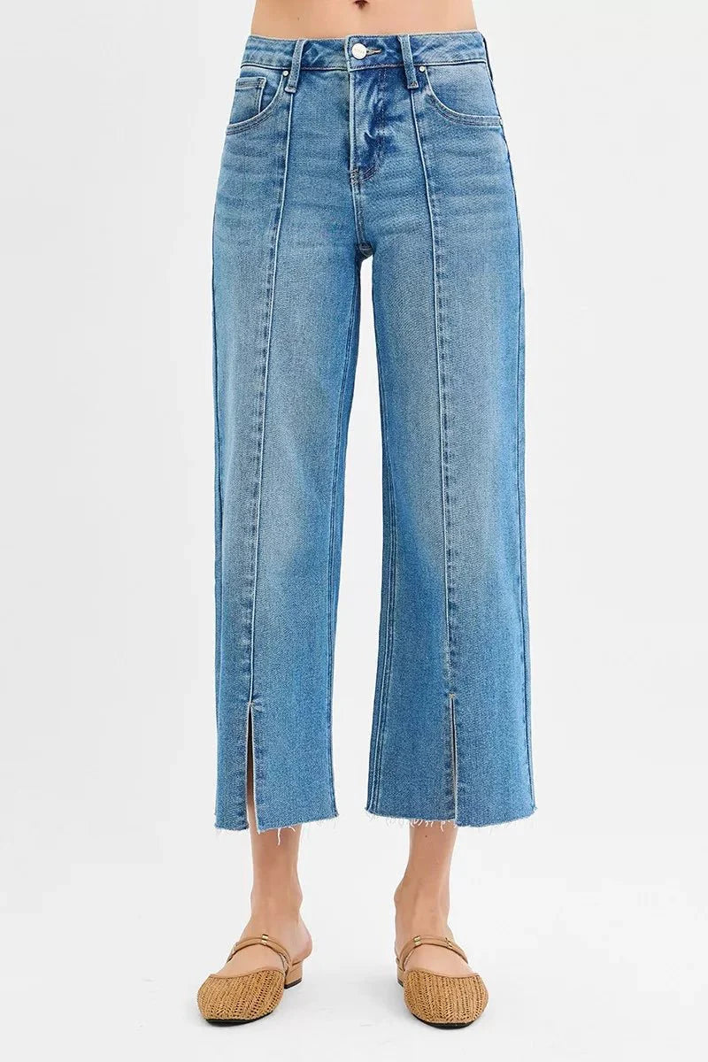 Risen Tummy Control Mid Rise Crop Wide Front Slit Jeans