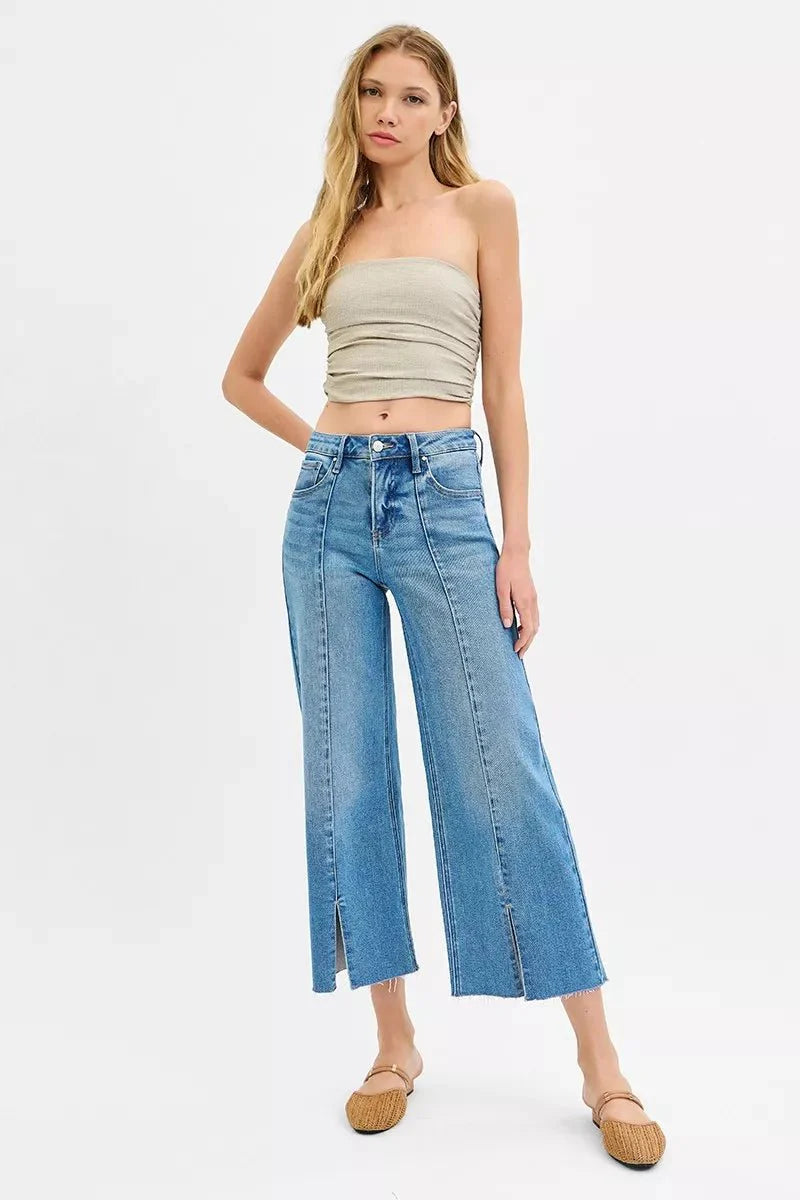 Risen Tummy Control Mid Rise Crop Wide Front Slit Jeans