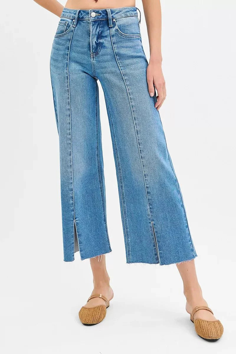 Risen Tummy Control Mid Rise Crop Wide Front Slit Jeans