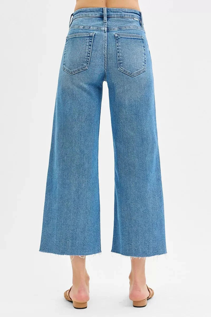 Risen Tummy Control Mid Rise Crop Wide Front Slit Jeans
