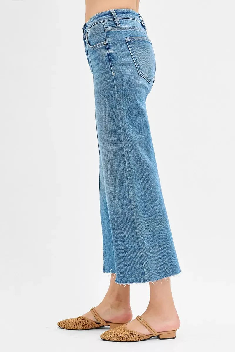 Risen Tummy Control Mid Rise Crop Wide Front Slit Jeans