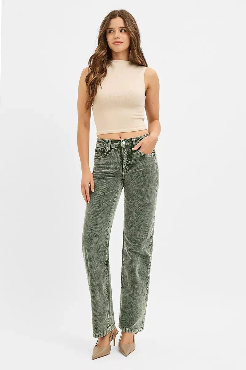 Risen Tummy Control Mid Rise Straight Leg Corduroy Pants