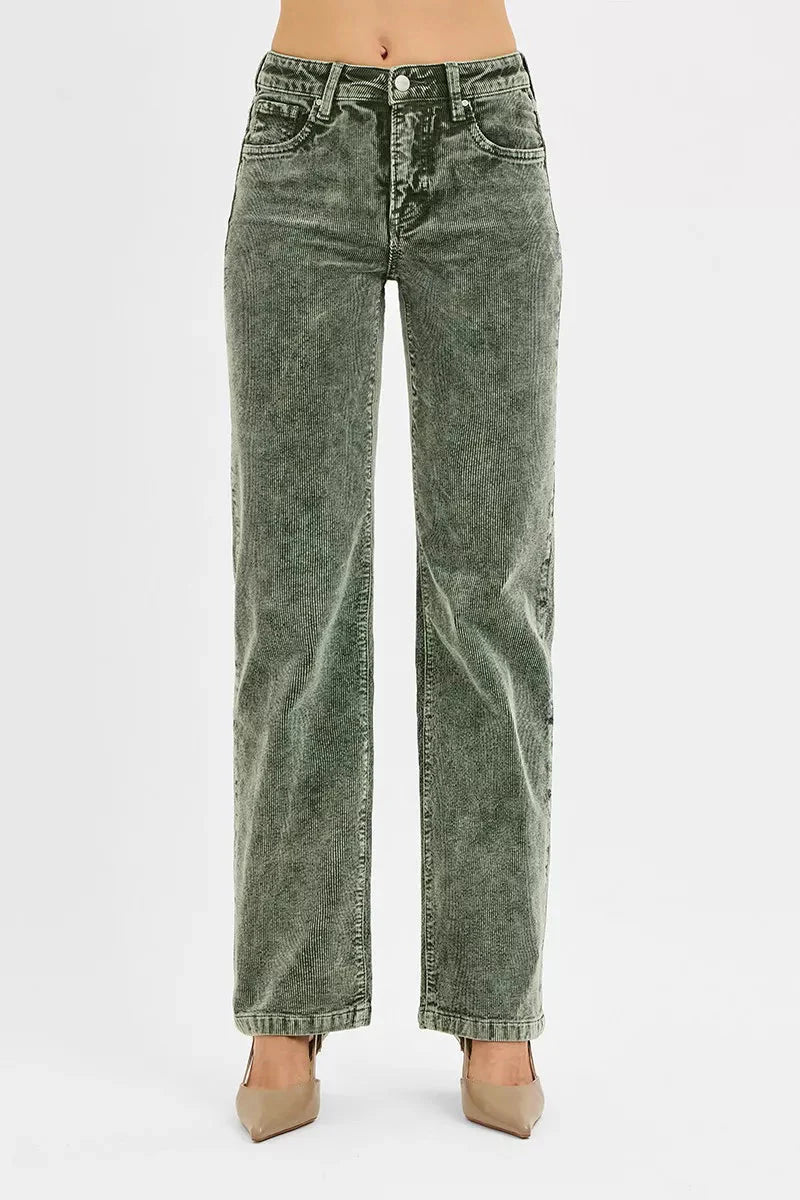 Risen Tummy Control Mid Rise Straight Leg Corduroy Pants