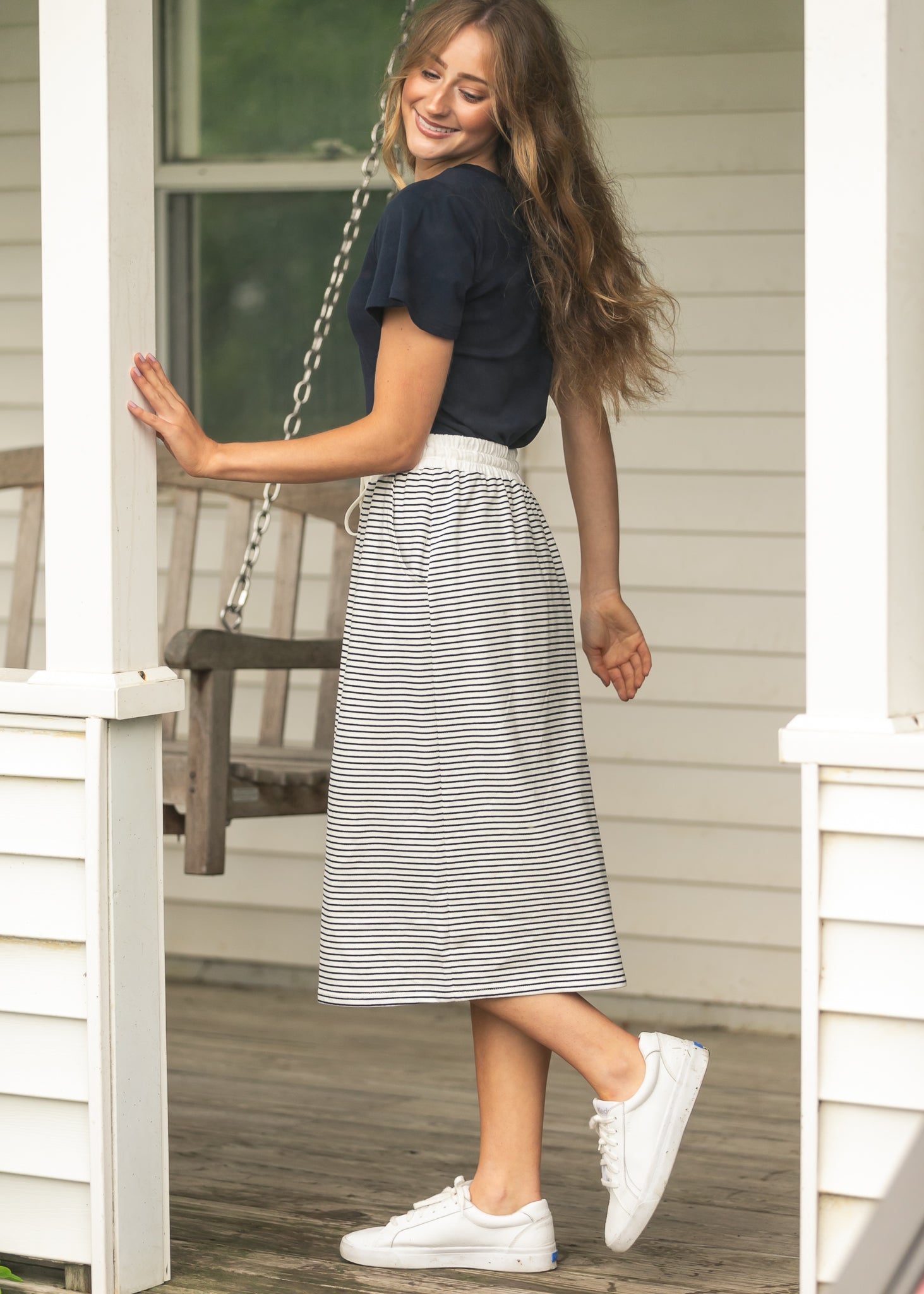 Robyn Sailor Striped Drawstring Midi Skirt