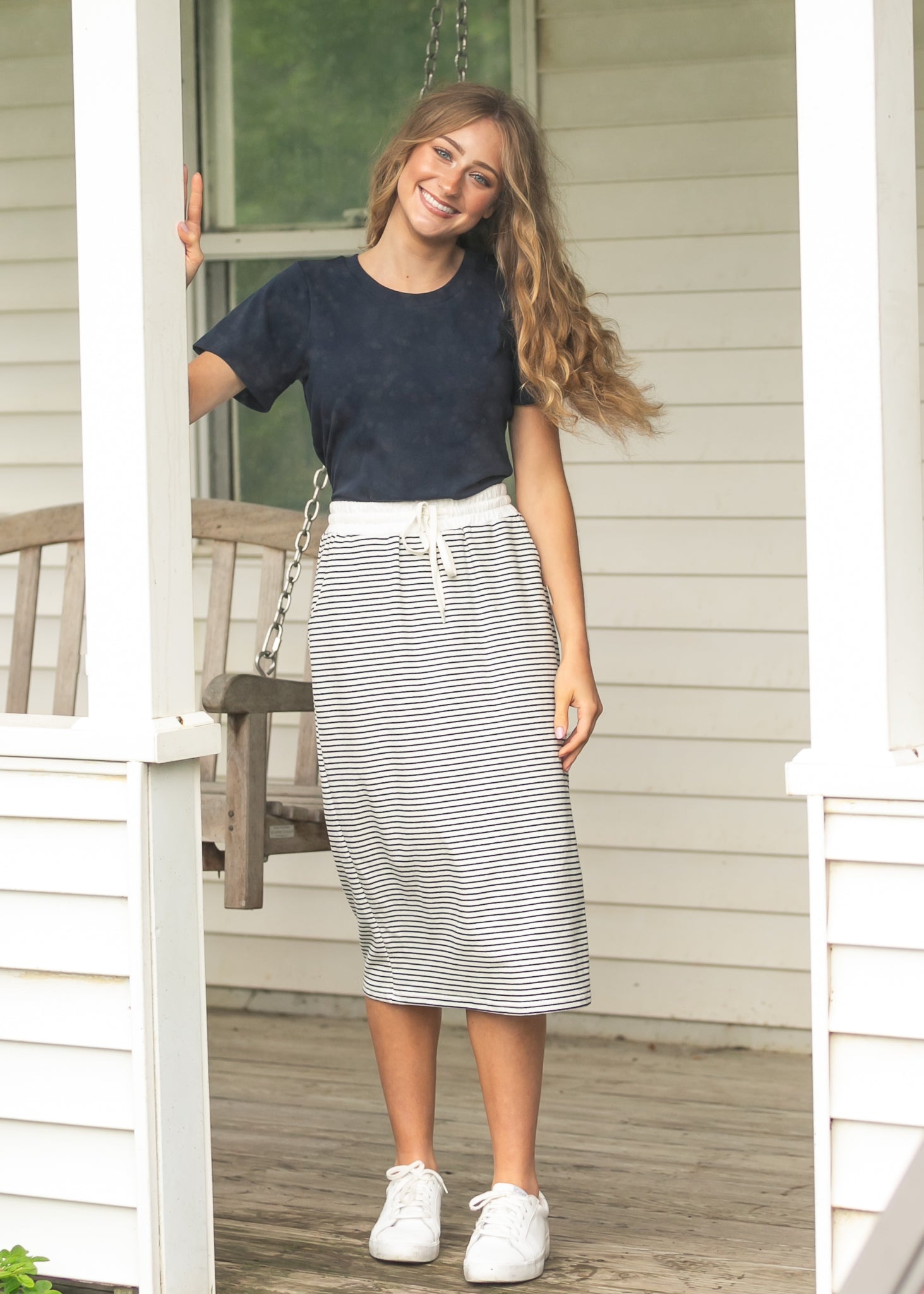 Robyn Sailor Striped Drawstring Midi Skirt