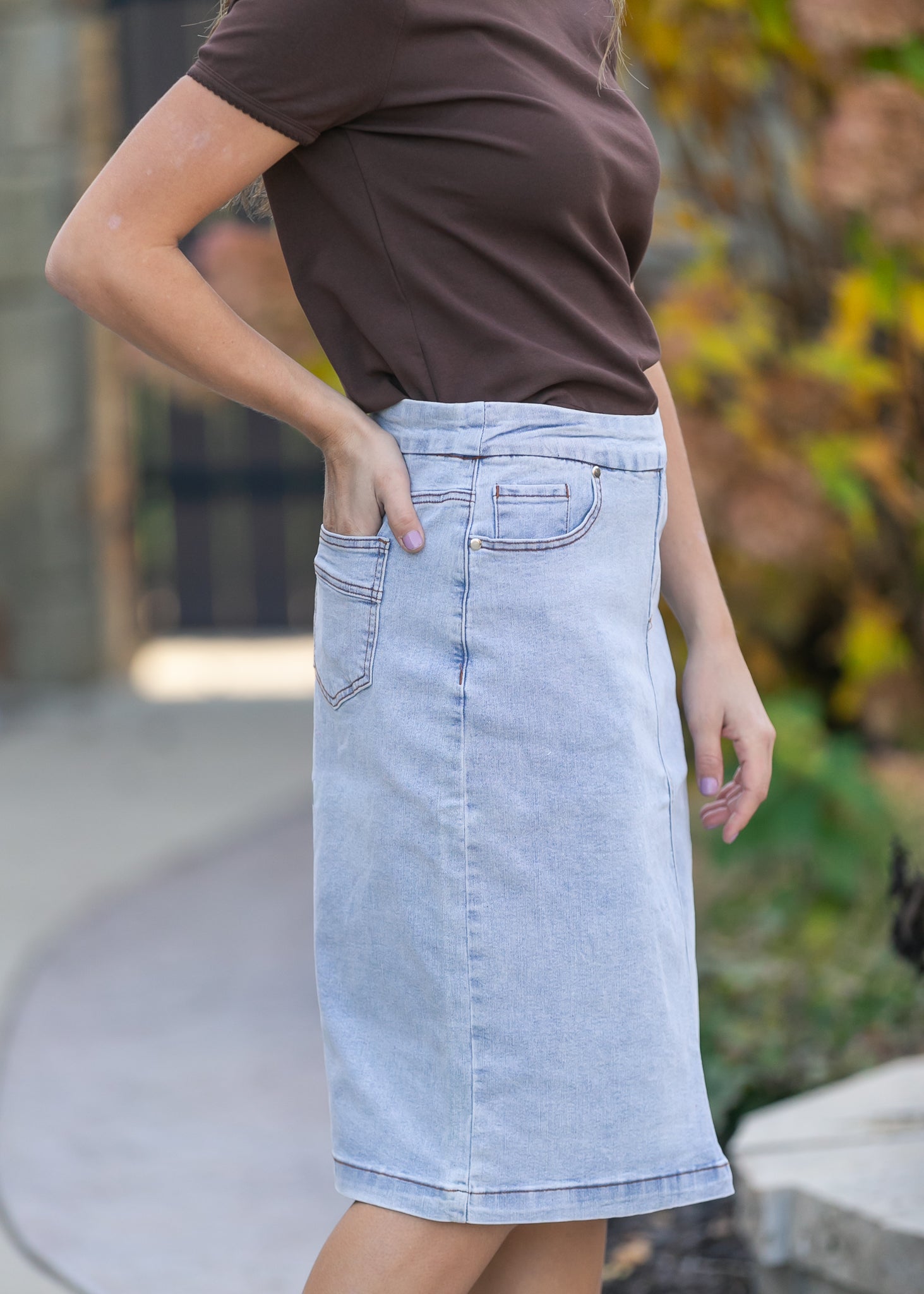 Sandra Light Wash Denim Midi Skirt | Include Plus Size
