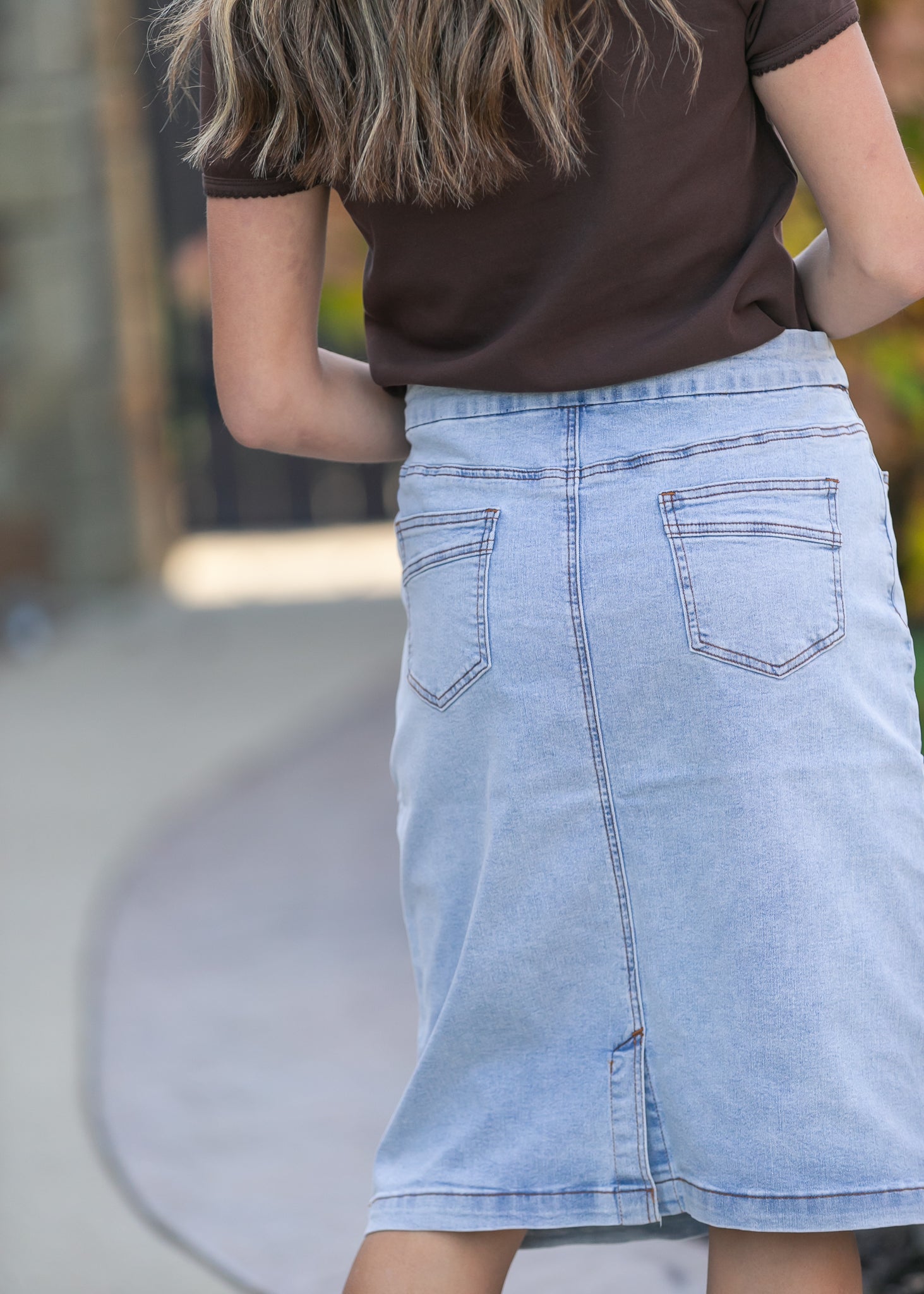 Sandra Light Wash Denim Midi Skirt | Include Plus Size