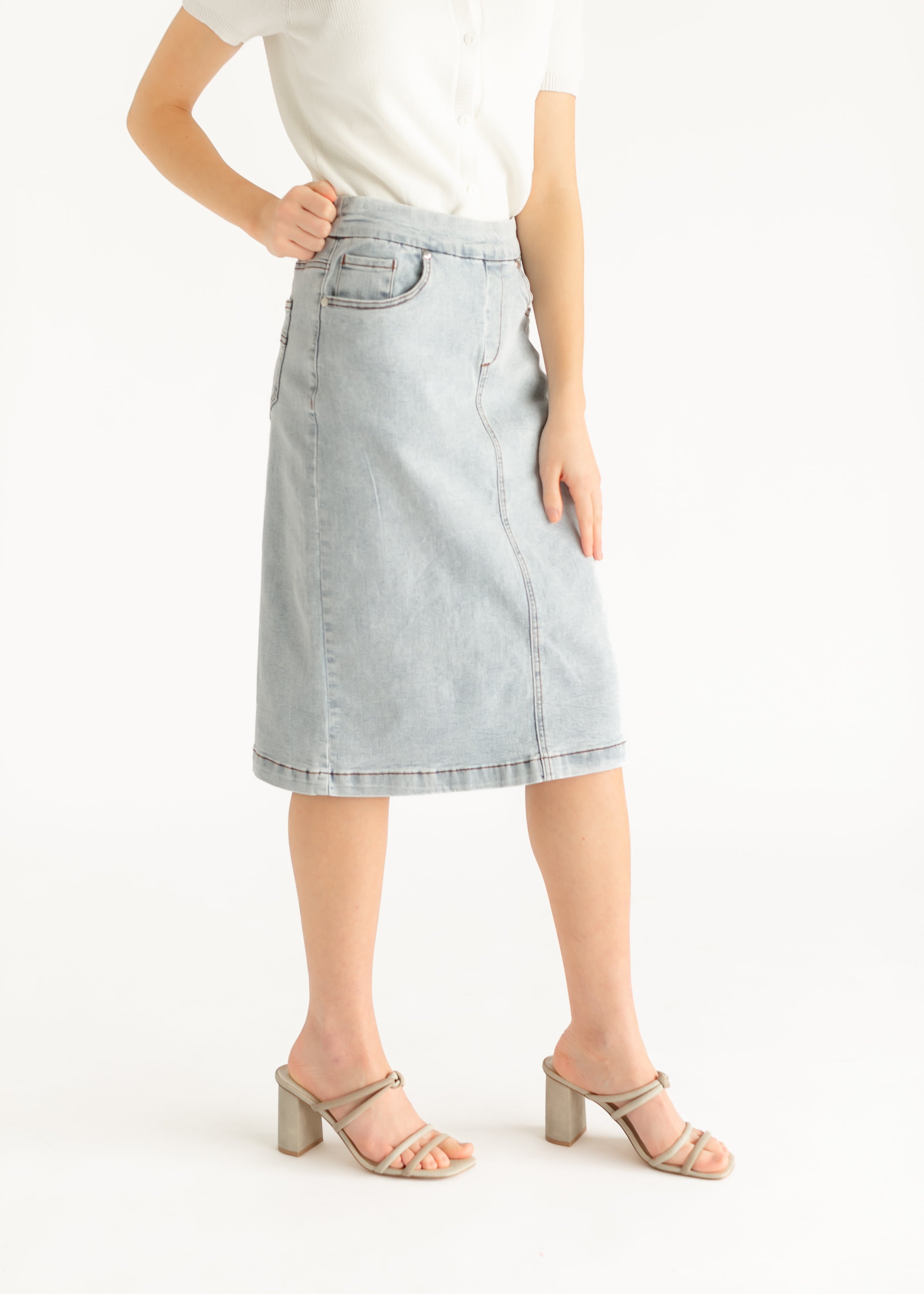 Sandra Light Wash Denim Midi Skirt | Include Plus Size