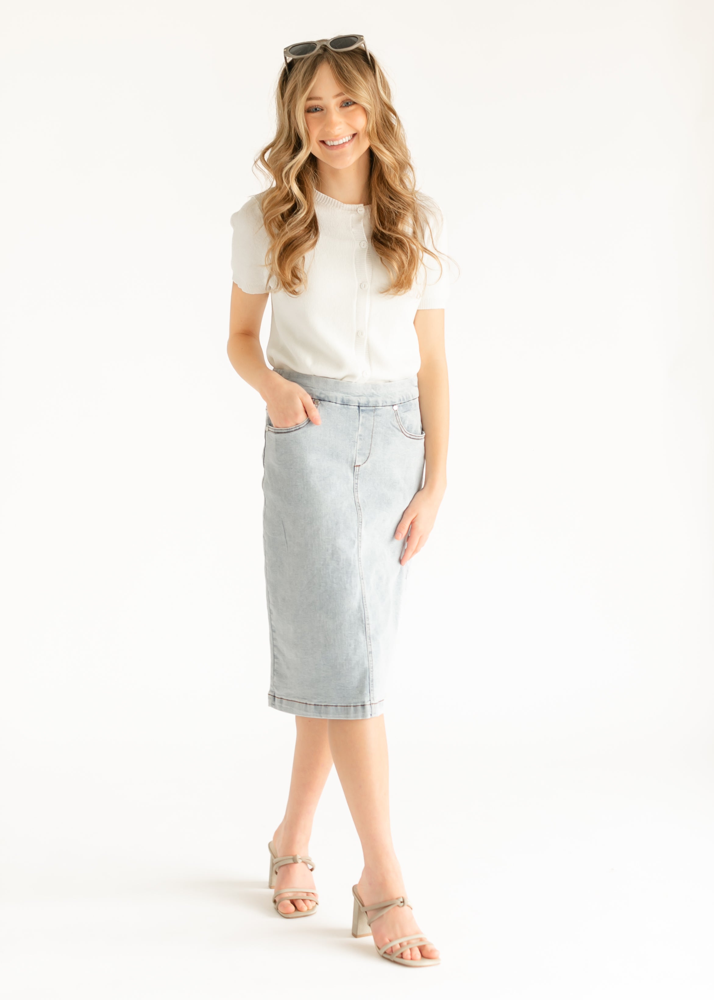 Sandra Light Wash Denim Midi Skirt | Include Plus Size