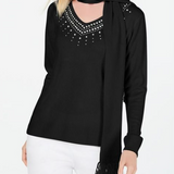 Karen Scott Women's Embellished Scarf Sweater  Black Size Medium