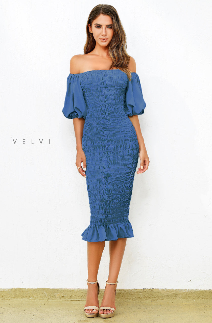 Skyla Shirred Midi Dress - Navy