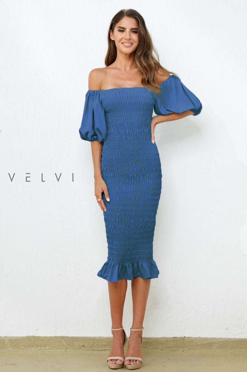 Skyla Shirred Midi Dress - Navy