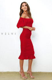 Skyla Shirred Midi Dress - Red