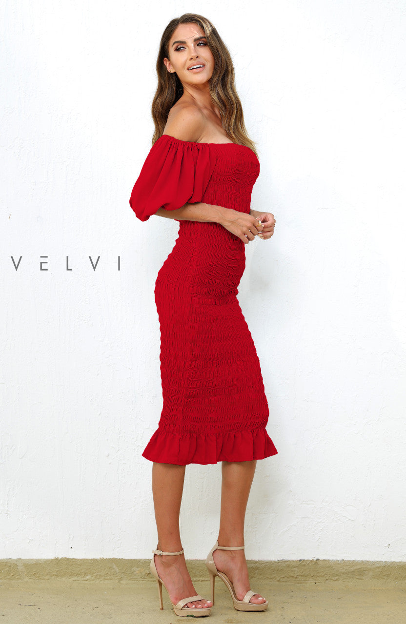 Skyla Shirred Midi Dress - Red