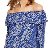 Michael Kors Women's Plus Size Printed Ruffled Off-The-Shoulder Top Blue Size 0X