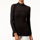 INC International Concepts Women's Mock Turtleneck Mesh Inset Fitted Top Black Size Large