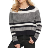 DKNY Women's Cotton Striped Vented-Hem Sweater Gray Size Small
