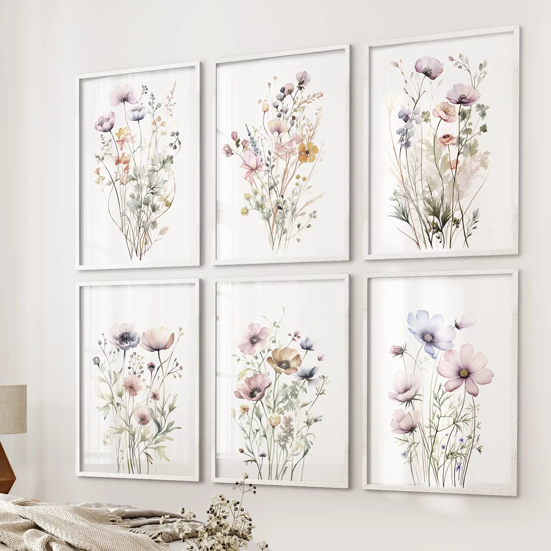 Botanical Watercolor Meadow Flowers 6 Piece Art Set