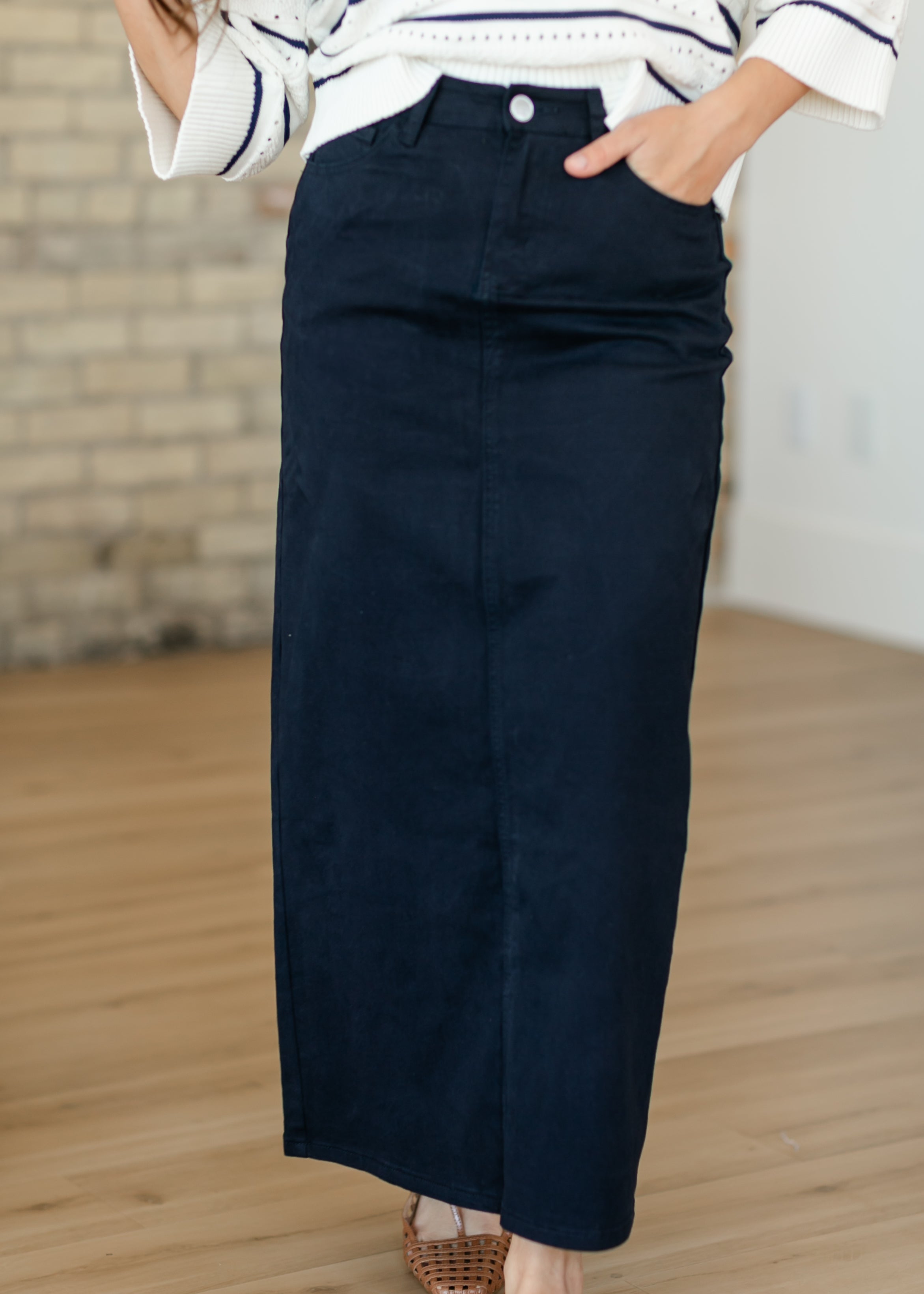 Stella Navy Maxi Denim Skirt | Includes Plus Size