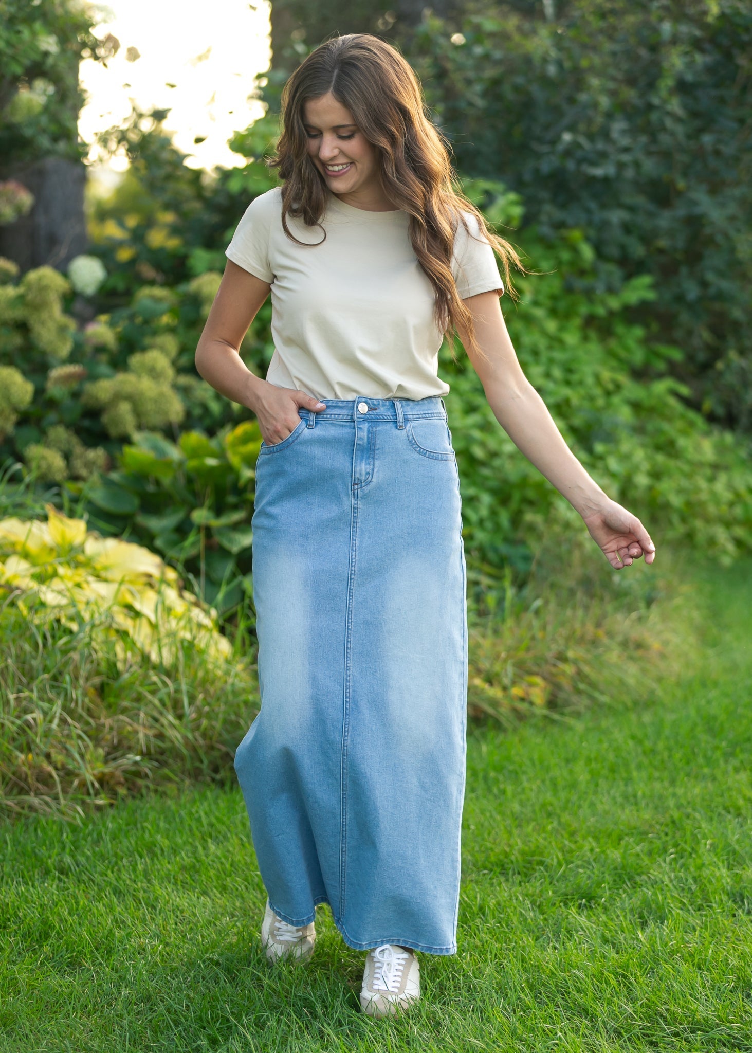 Stella Light Wash Maxi Denim Skirt | Includes Plus Size
