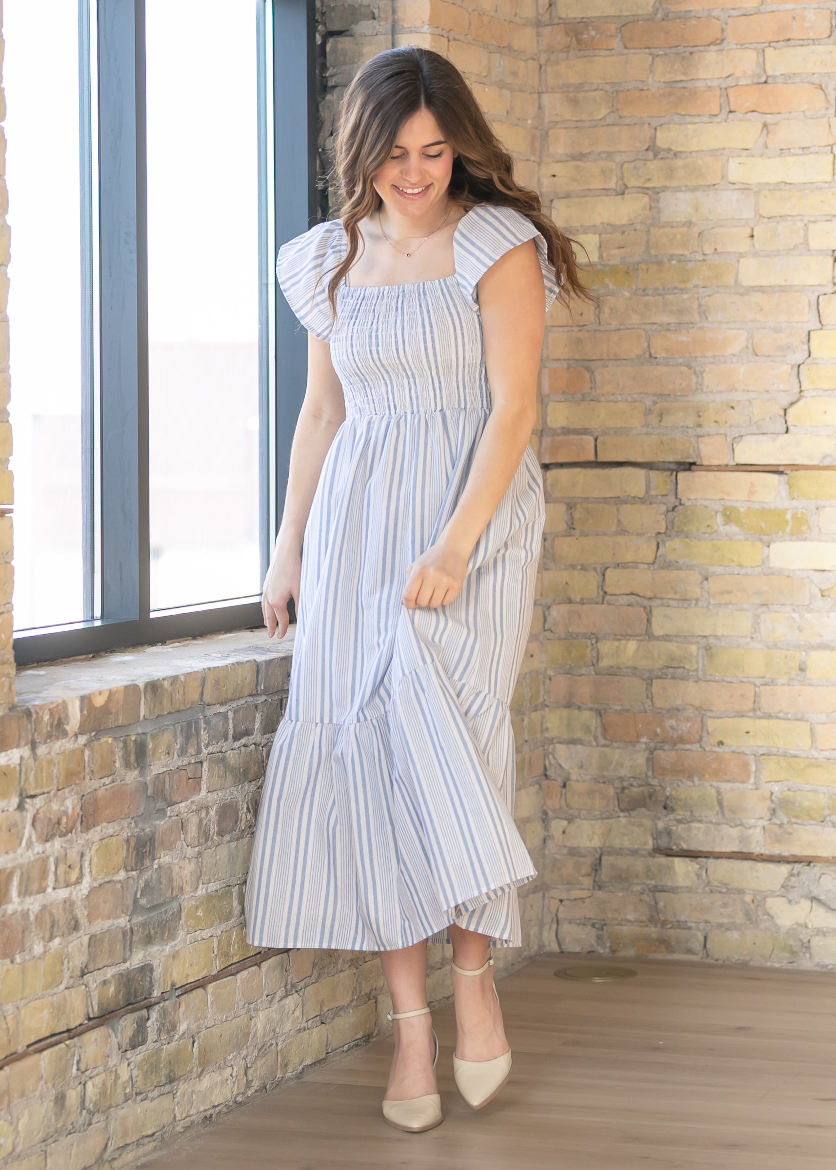 Summer Blue Stripe Flutter Sleeve Midi Dress
