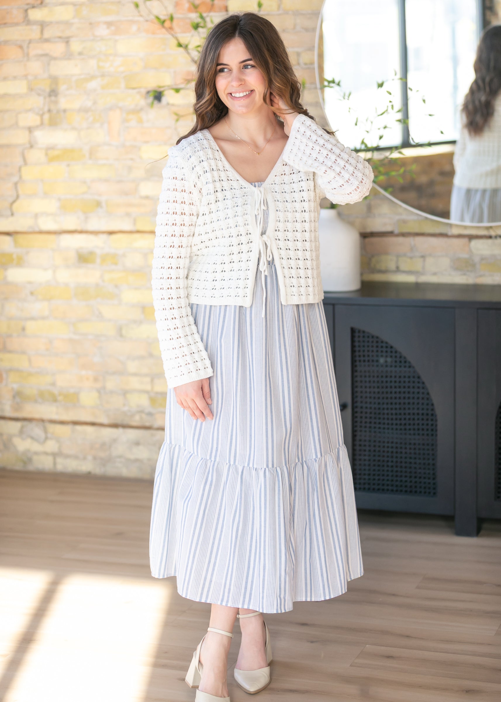 Summer Blue Stripe Flutter Sleeve Midi Dress