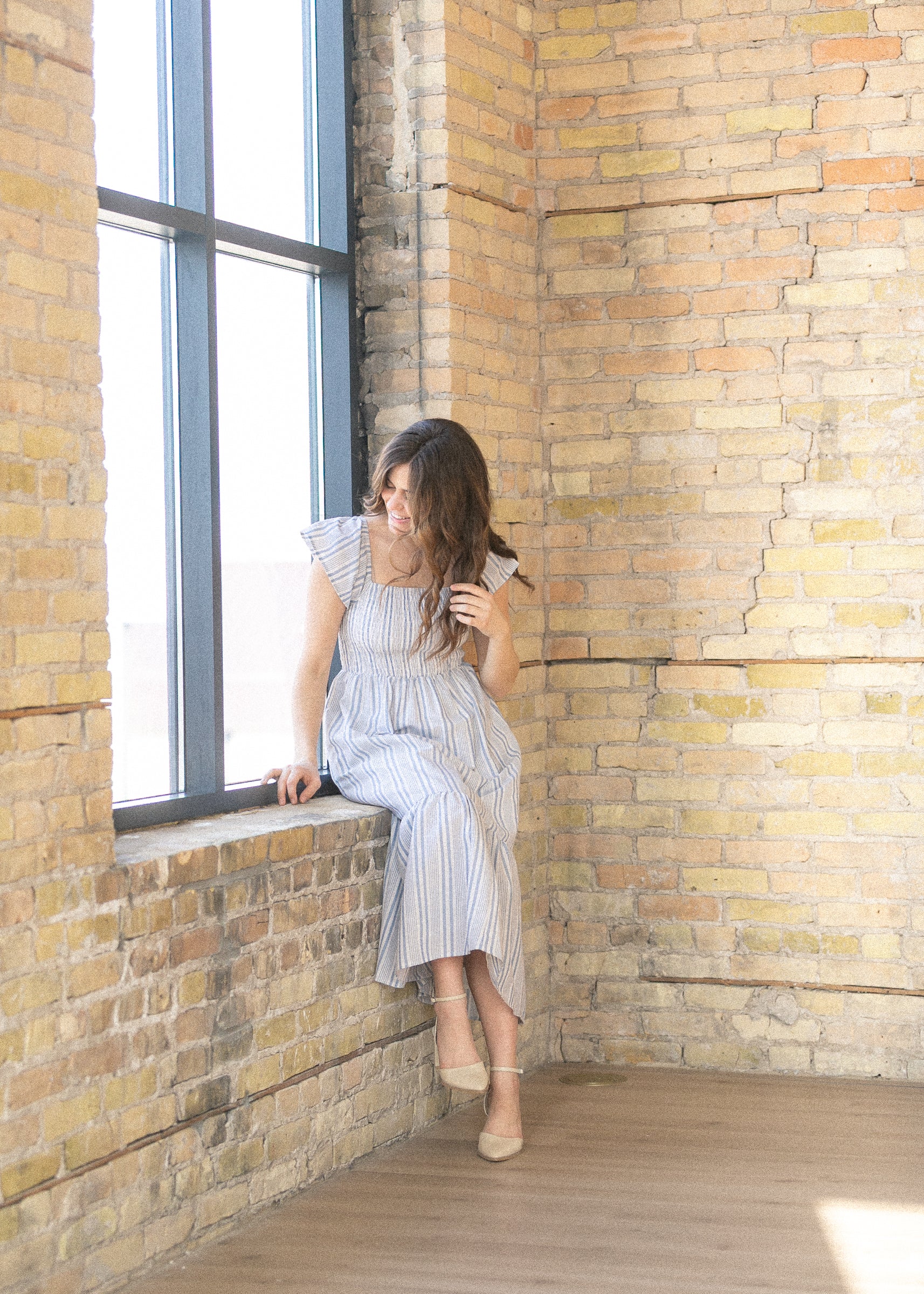 Summer Blue Stripe Flutter Sleeve Midi Dress