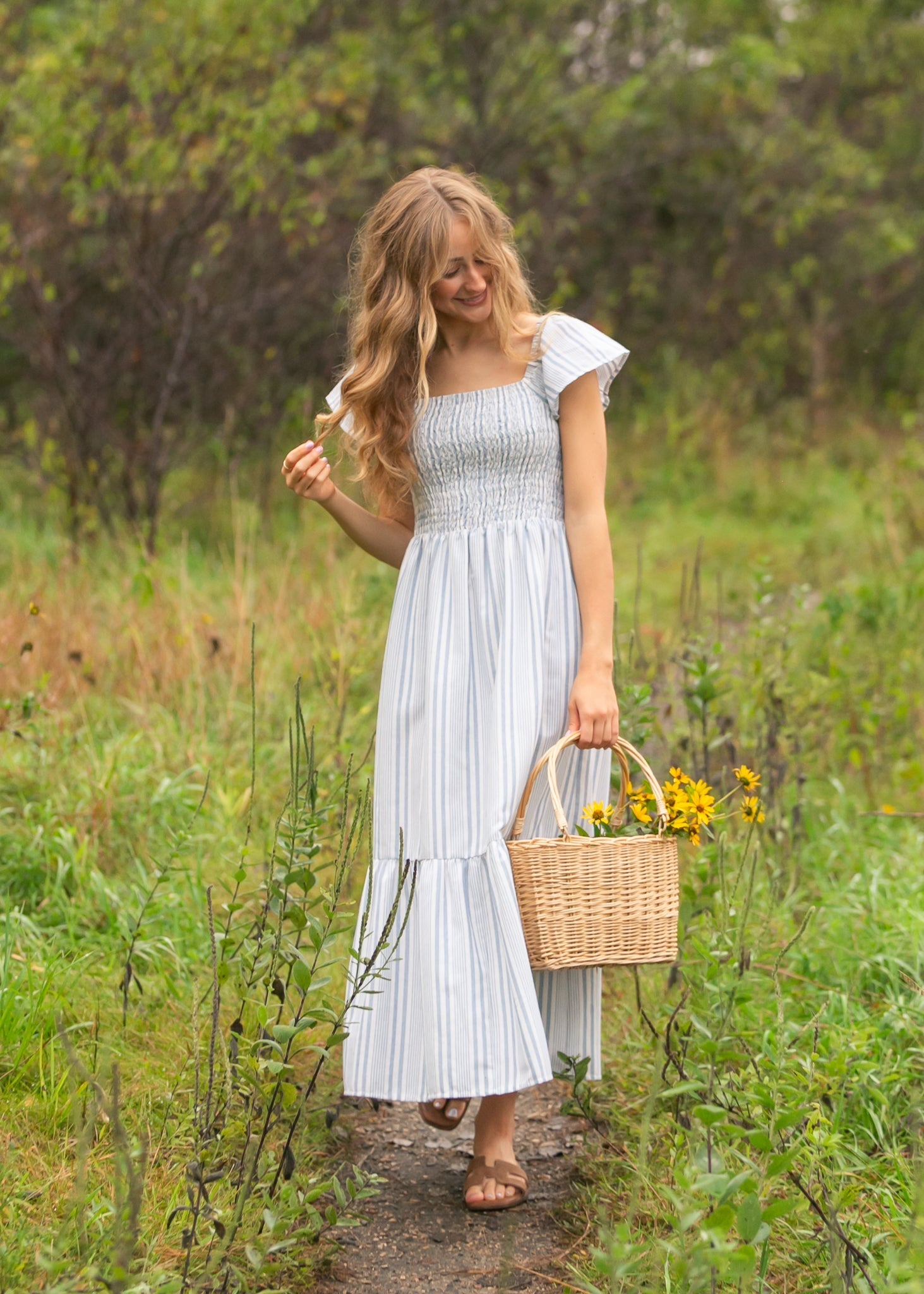 Summer Blue Stripe Flutter Sleeve Midi Dress