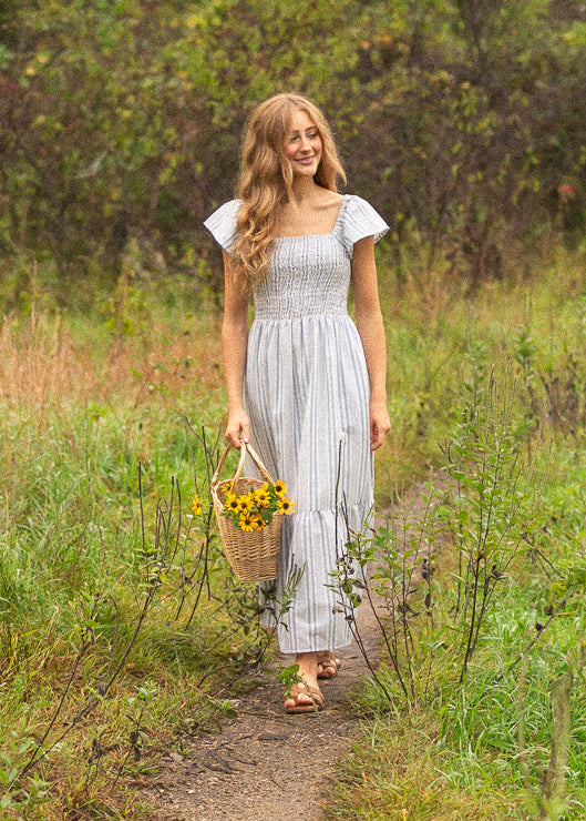 Summer Blue Stripe Flutter Sleeve Midi Dress