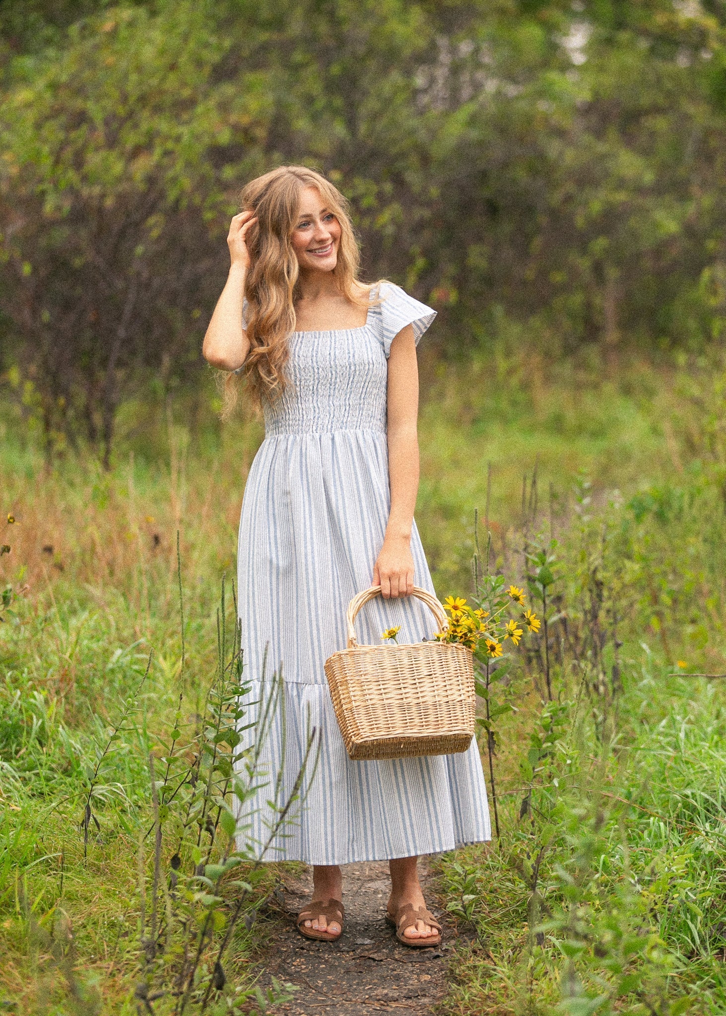 Summer Blue Stripe Flutter Sleeve Midi Dress