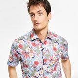 Club Room Men's Short Sleeve 100% Linen Floral Shirt  Purple Size Small