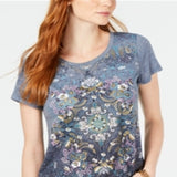 Style & Co Women's Embellished Handkerchief Hem T-Shirt Gray Size Petite X-Small