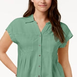 Style & Co Women's Pleated Cuffed Sleeve Top Green Size Large