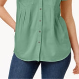 Style & Co Women's Pleated Cuffed Sleeve Top Green Size Large