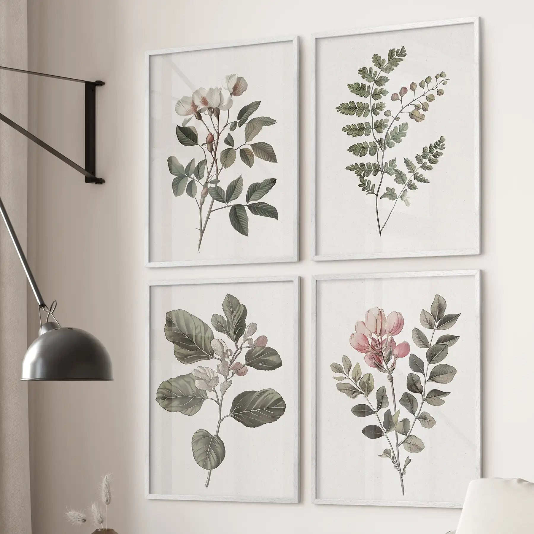 Fern, Cotton, Rose Flowers Wall Art Set of 4 Prints