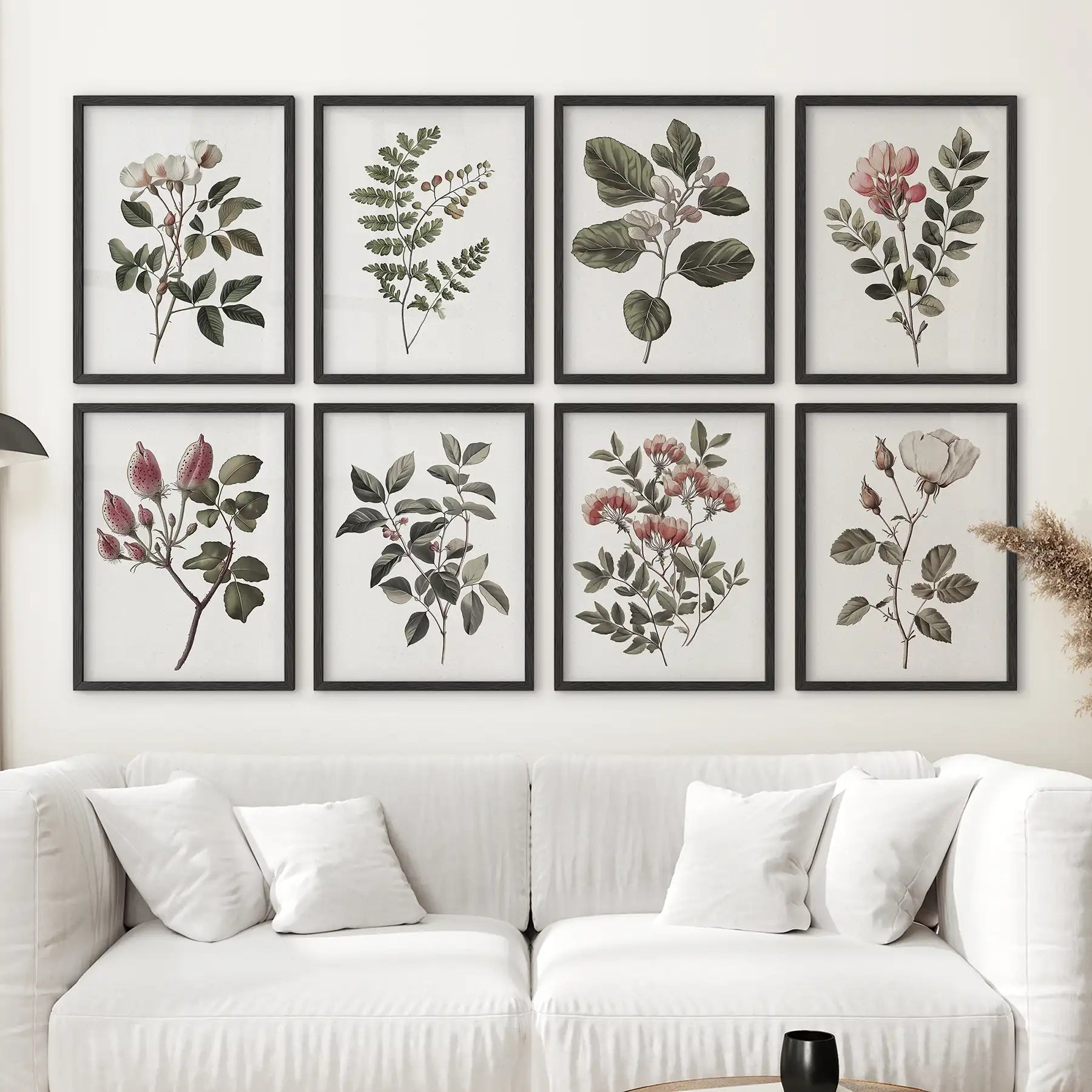 Antique Botanical Set of 8 White Rose Wall Art Prints