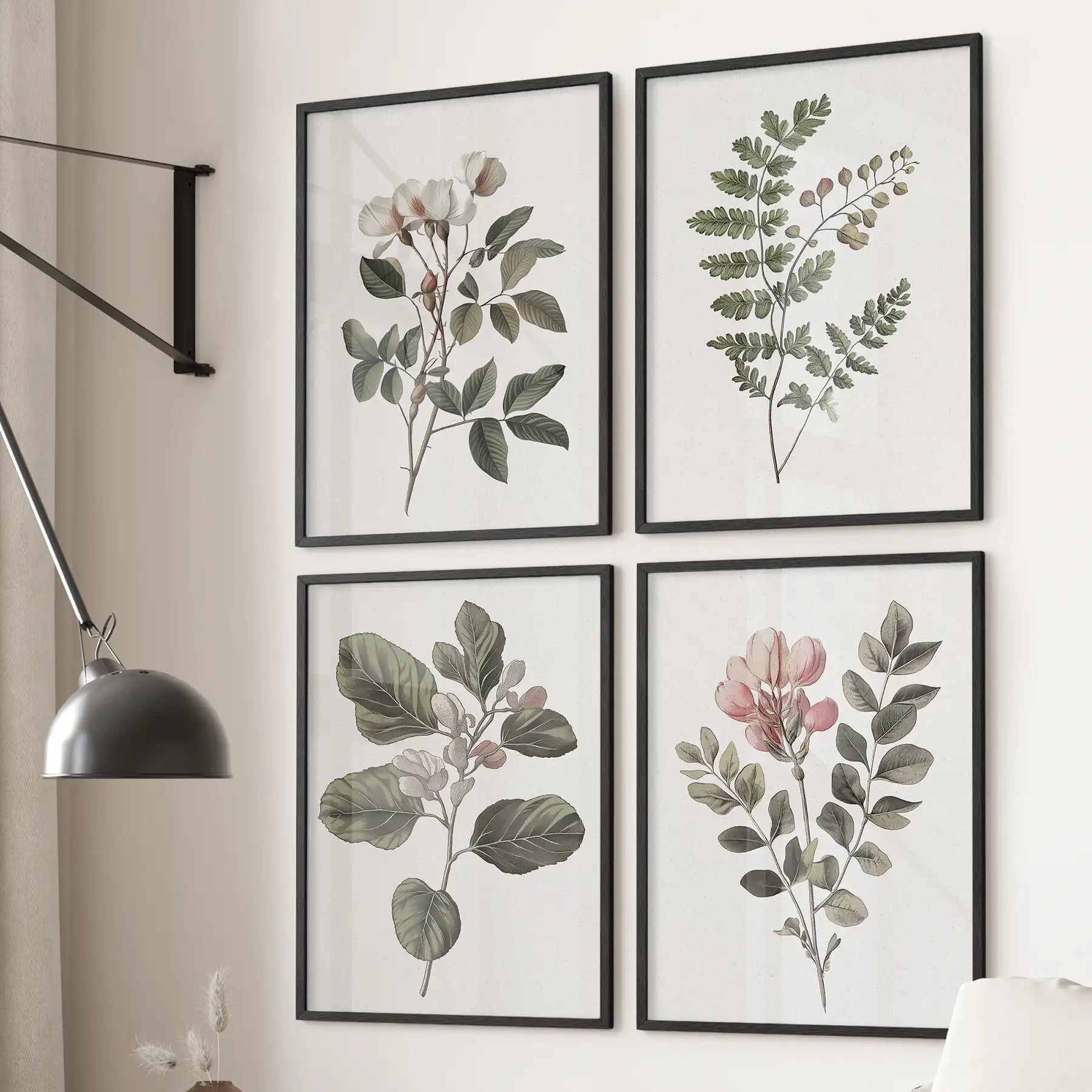 Fern, Cotton, Rose Flowers Wall Art Set of 4 Prints