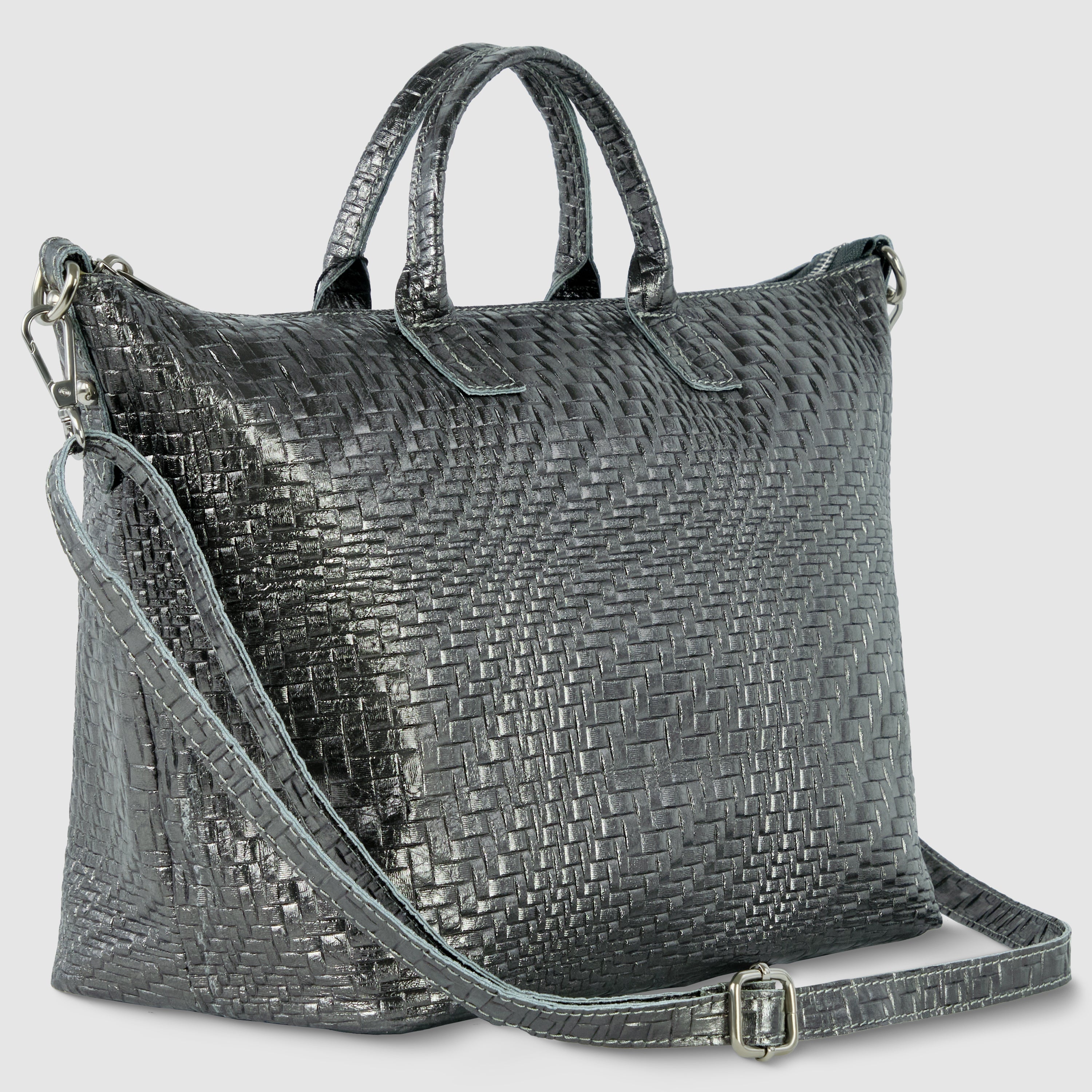 Italian Genuine Grid Metallic Suede Top-handle Bag 112334