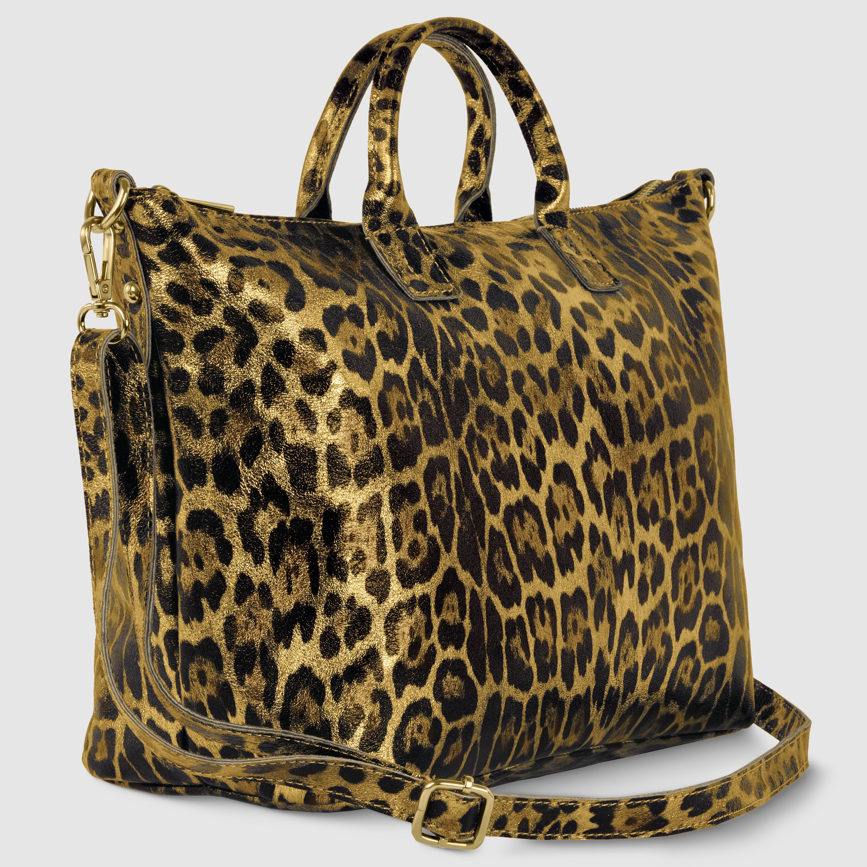 Italian Genuine Leopard-print Metallic Suede Top-handle Bag 112334