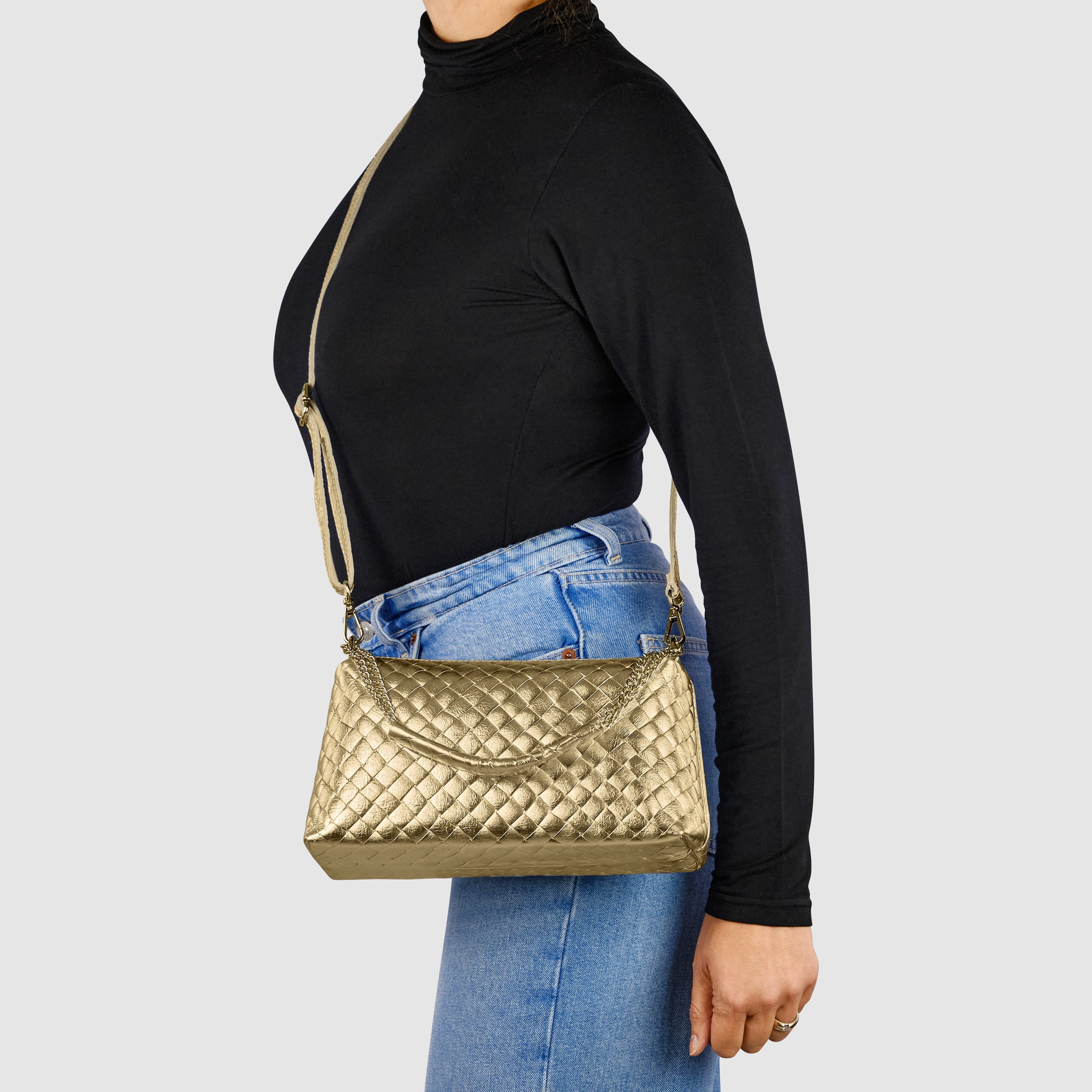 Italian Genuine Weave Metallic Suede Shoulder + Crossbody Bag 171522