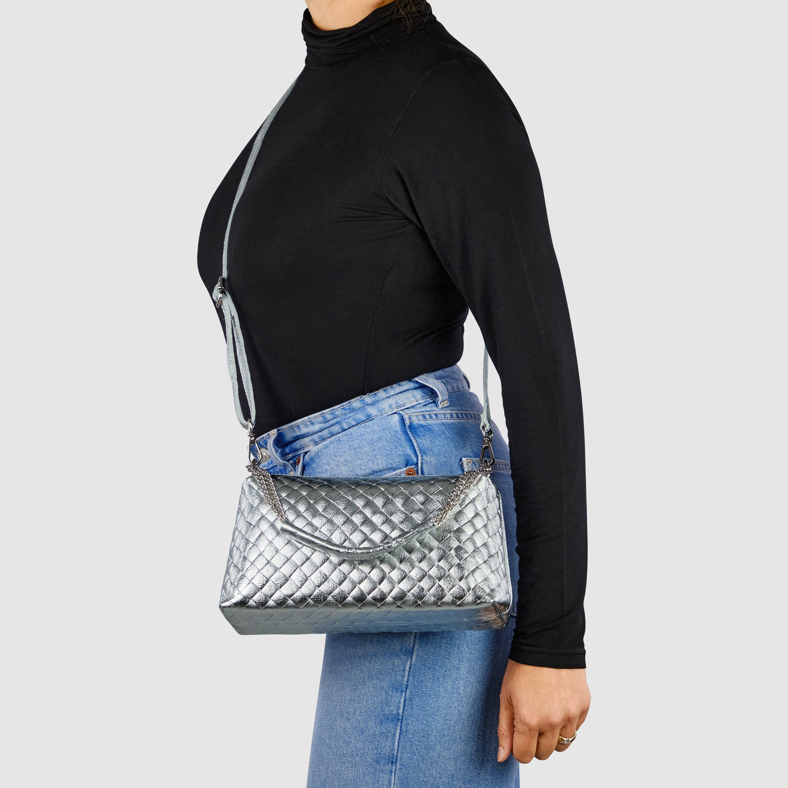 Italian Genuine Weave Metallic Suede Shoulder + Crossbody Bag 171522