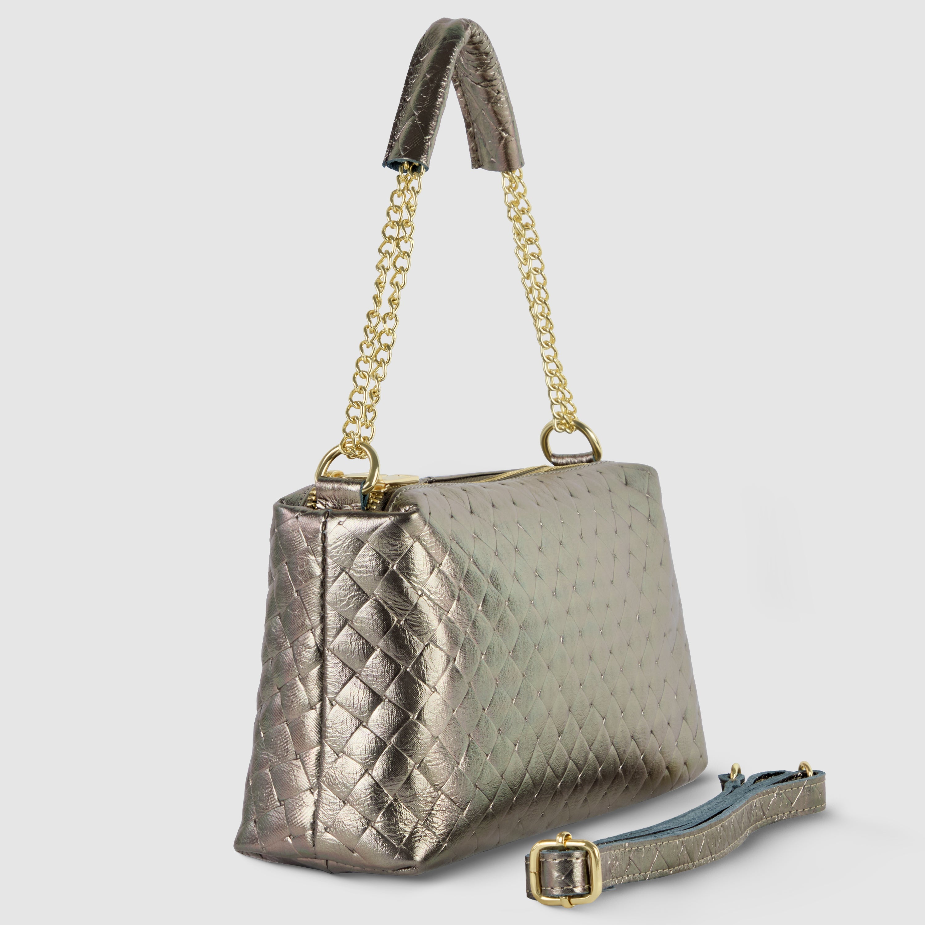 Italian Genuine Weave Metallic Suede Shoulder + Crossbody Bag 171522